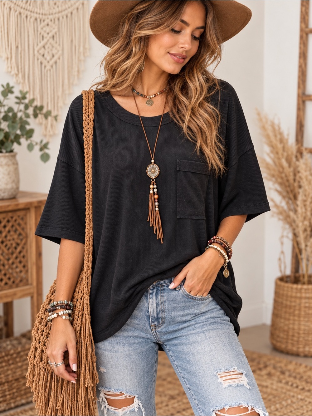 ANDREE by Unit Black Ribbed Oversized Pocket Top Boho Relaxed Fit size Small